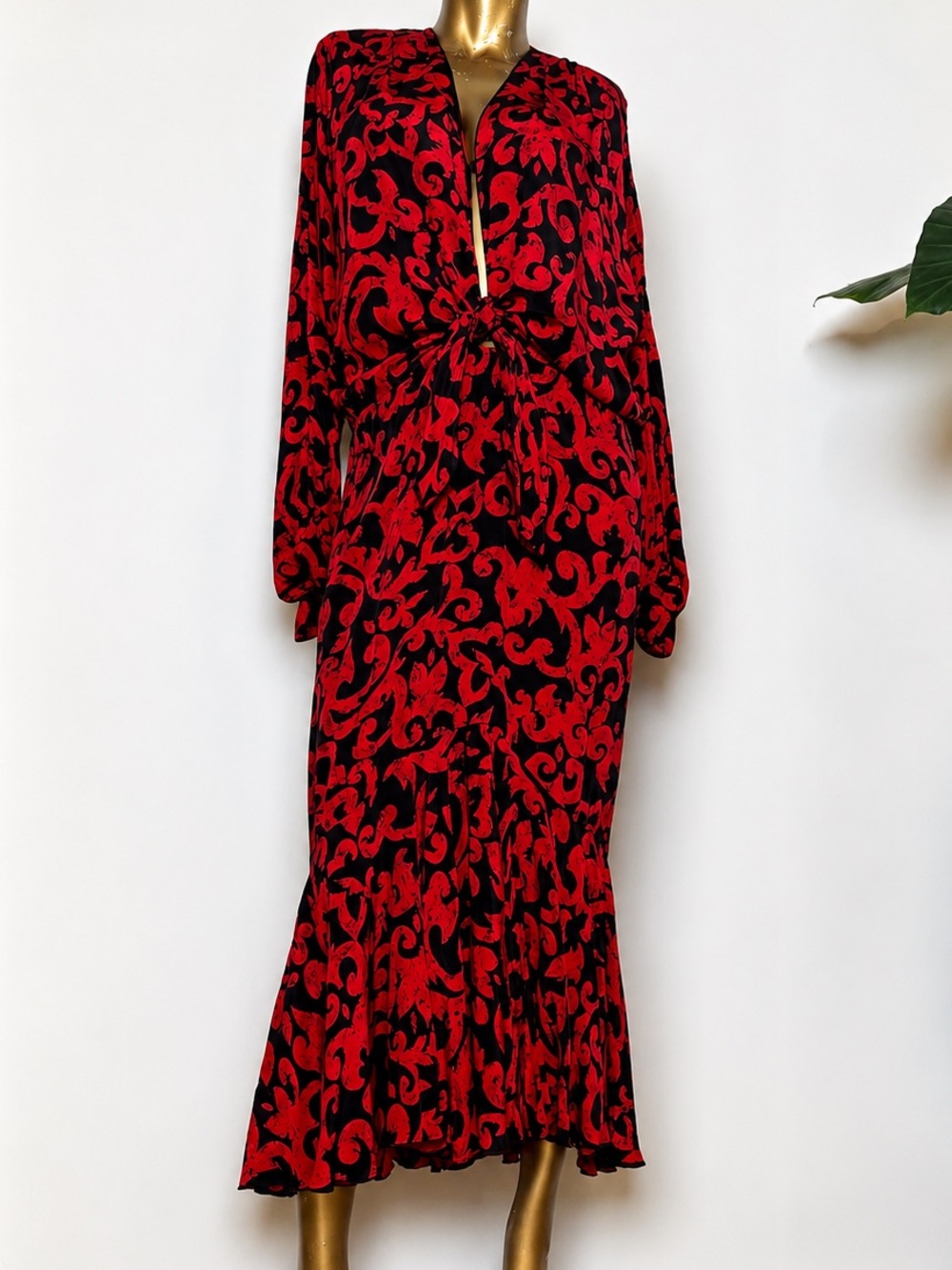 Vintage Barbara Barbara Red/Black Distressed Gothic Damask Tie-Front Midi Dress
